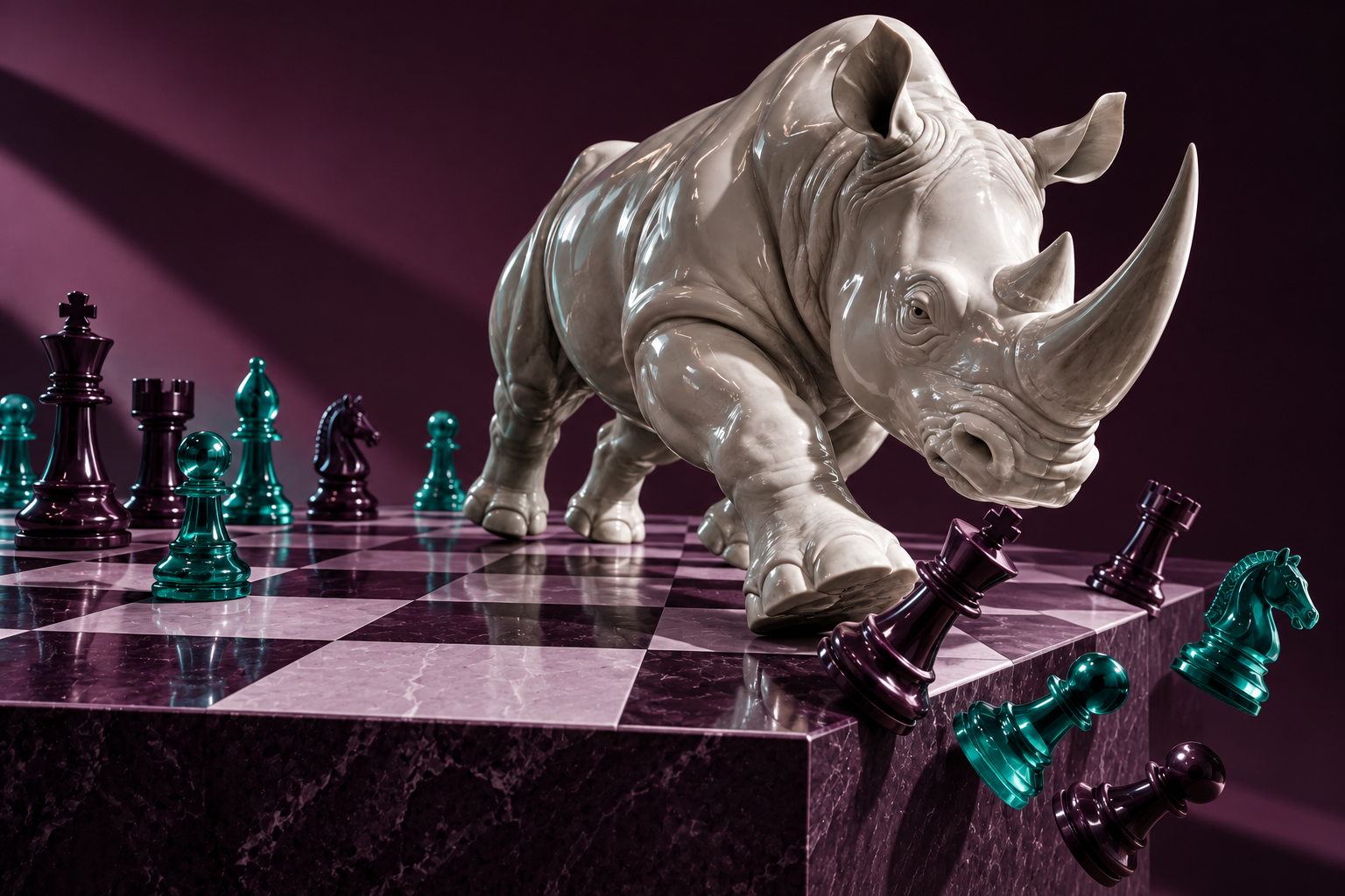 Sculptural white rhino knocking purple and teal chess pieces off a chessboard